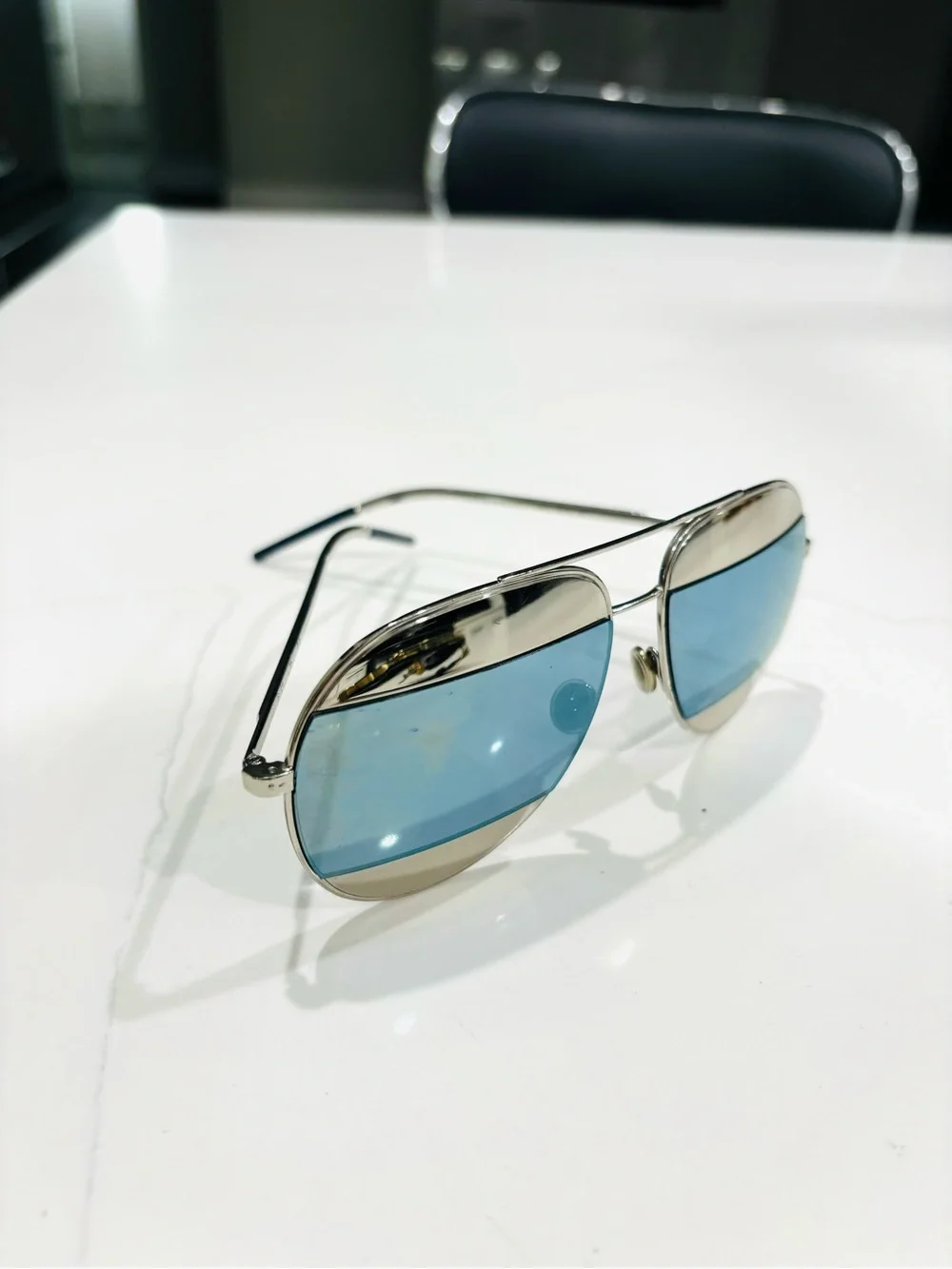 Dior Silver Aviator Sunglasses with Blue Lenses